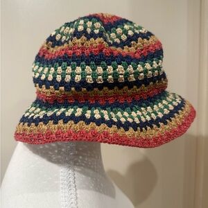 Brixton Crochet Bucket Hat in Coral, Navy & Green